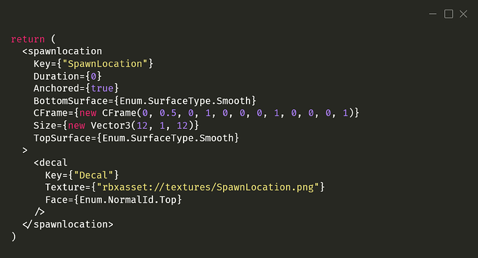 A screenshot of a code editor displaying a SpawnLocation written in JSX