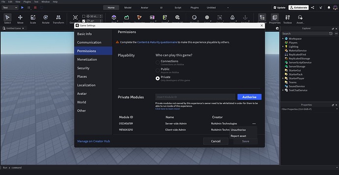 Concept for private module whitelist system in Roblox Studio.