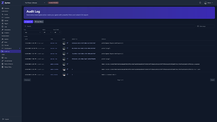 Zyntex Audit Log page on dashboard