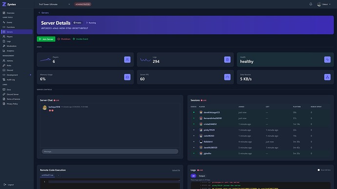 Zyntex server details page on dashboard