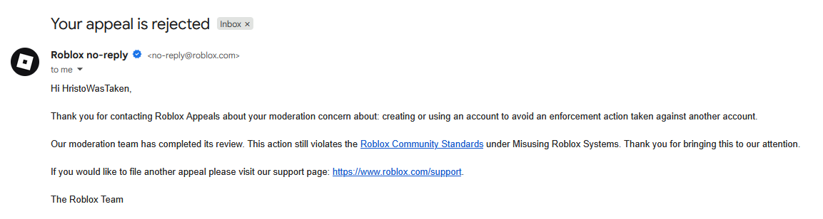 Example of an AI-rejected appeal (the account is mine)