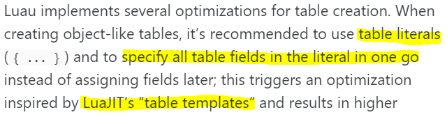 Performance of table literals