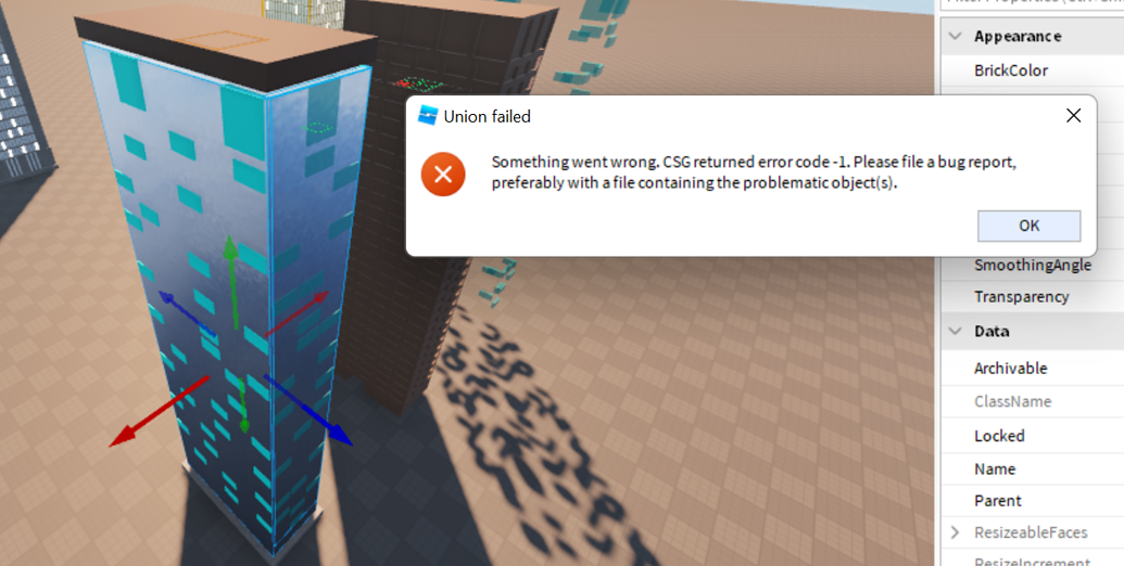 CSG Return Error Code -1 | Cannot Negate and Union parts - Studio Bugs ...