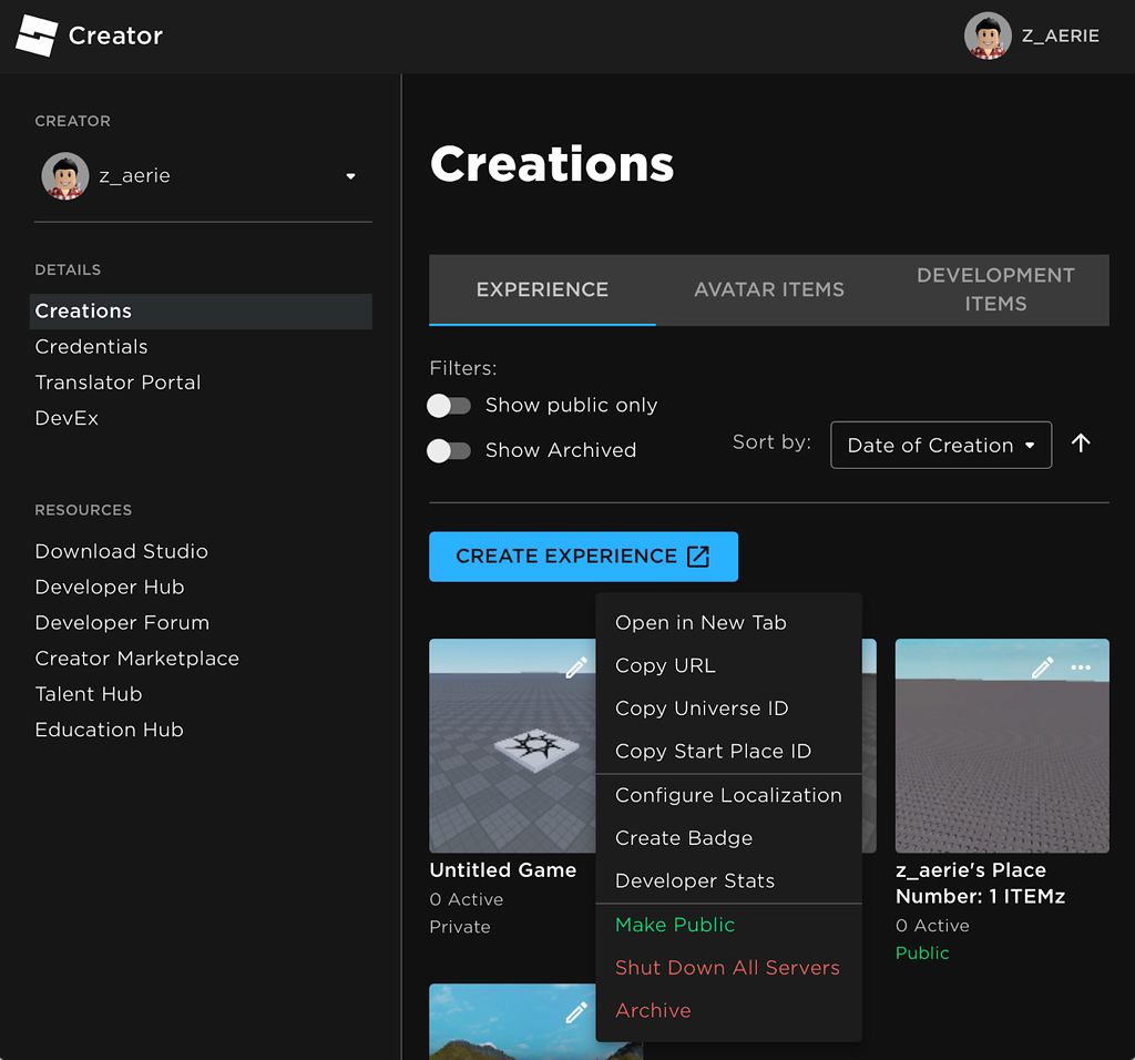 Experiences & Developer Products on Creator Dashboard