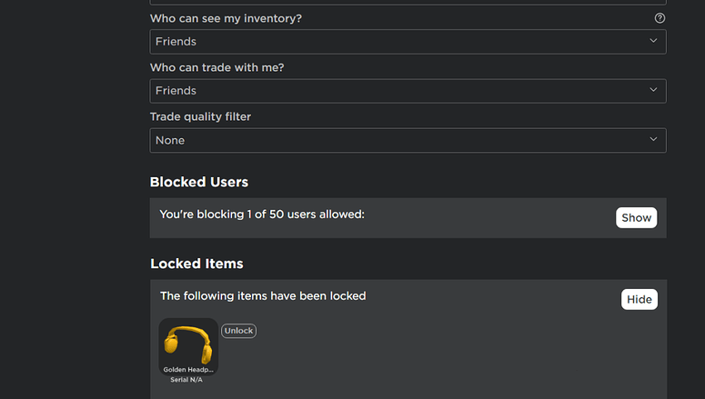Pin lock setting for purchase and sale of limiteds - Website Features ...