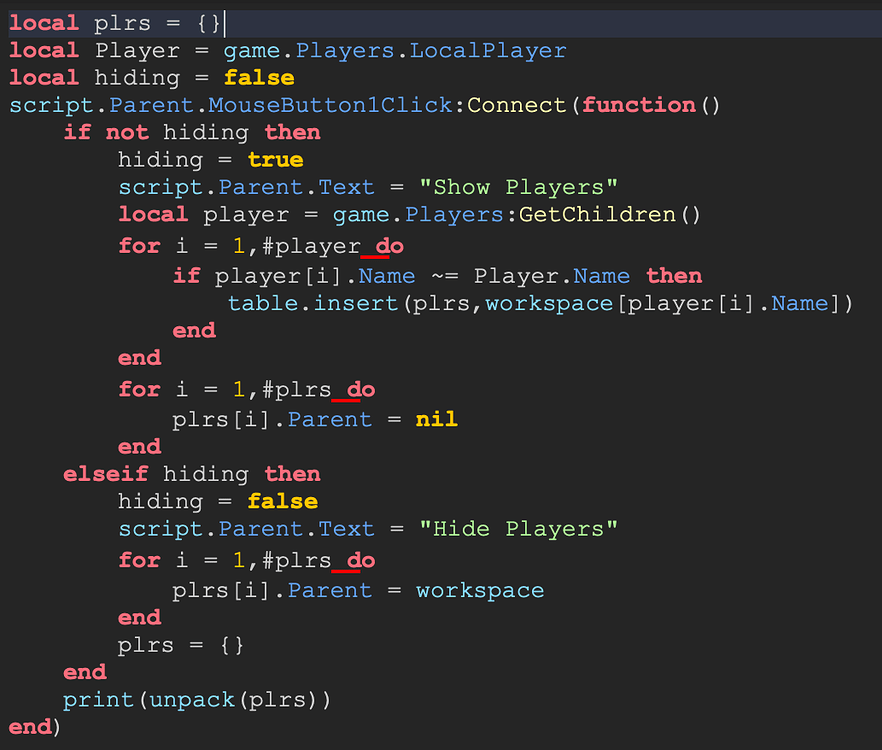 Hide Players Syntax Error - Scripting Support - Developer Forum | Roblox