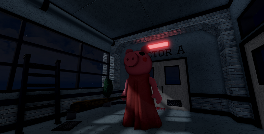 Roblox Horror Hallway — Read the Scene A Roblox horror hallway with a pig character under a red warning light
