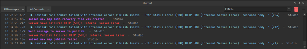 Can T Publish Save Or Commit Edits Http 500 Studio Bugs Developer Forum Roblox Can T Publish Save Or Commit Edits Http 500 Studio Bugs Developer Forum Roblox