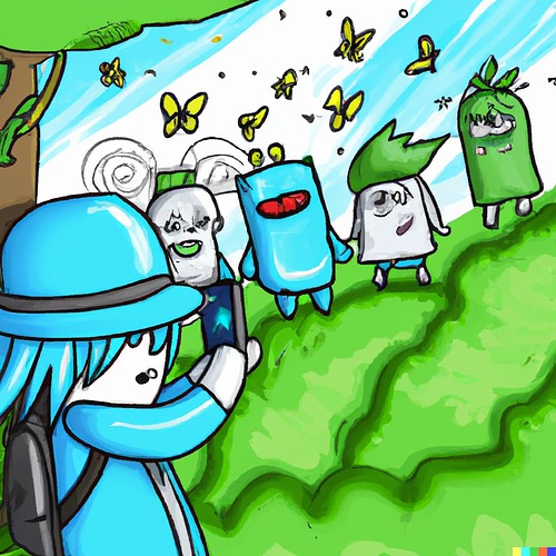 DALL·E 2022-09-17 19.18.09 - a drawing of a roblox character with  a blue hat  taking a photo of the magical green environment and their friends.