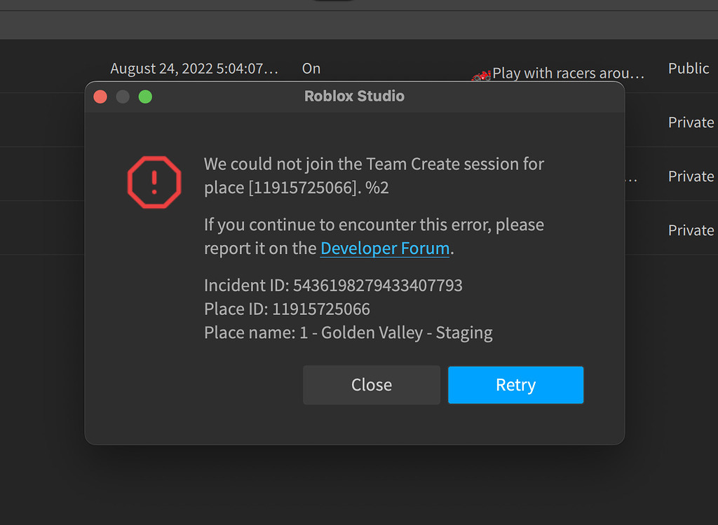 Could not join Team Create session for place error - Studio Bugs ...