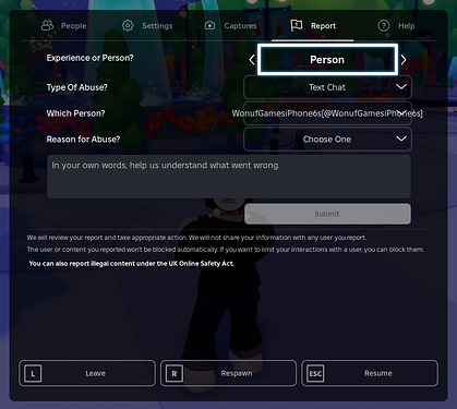 Report player menu