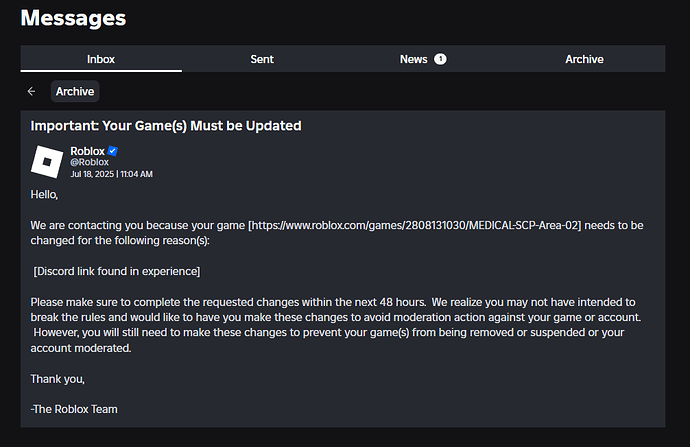 Incorrect AI Moderation of Experience For Discord Link Wrapped In