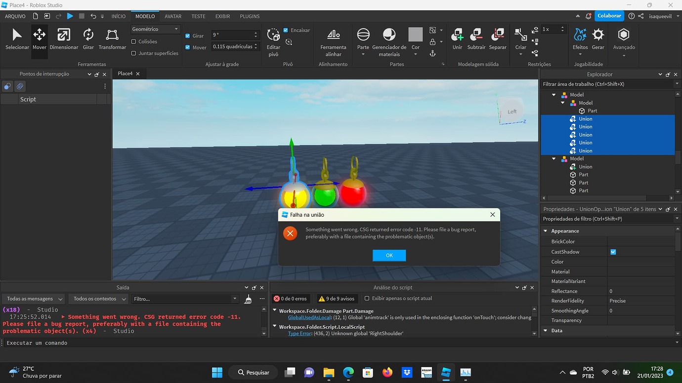 CSG Union Returning with Error -11: - Studio Bugs - Developer Forum ...