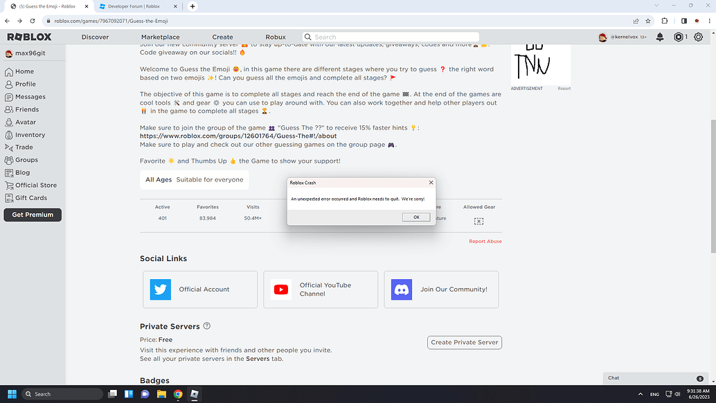 Roblox keeps crashing on startup - Platform Usage Support - Developer ...