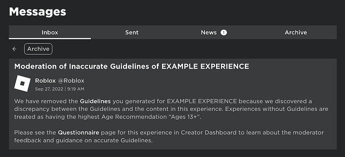 Example screenshot of a notification in Messages of Guidelines moderation updates