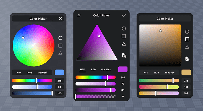 Showcase of picker shapes, color spaces, custom parameters