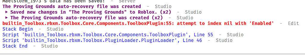 When opening the Toolbox for the first time in a Studio session, error ...