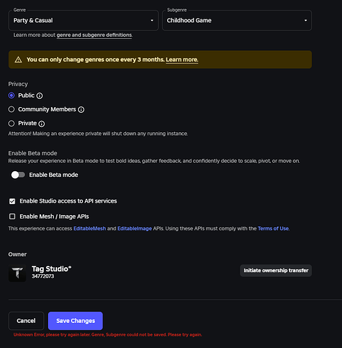 Can't change experience genre - "Unknown Error" - Platform Usage ...