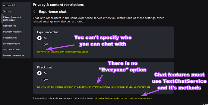 Experience chat settings use outdated descriptions - Roblox