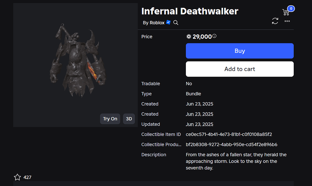 Infernal Deathwalker Parts marked as hidden Catalog Asset Bugs