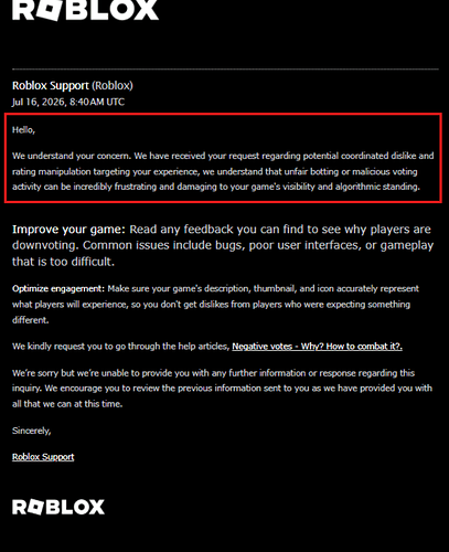 Follow-up Roblox Support response