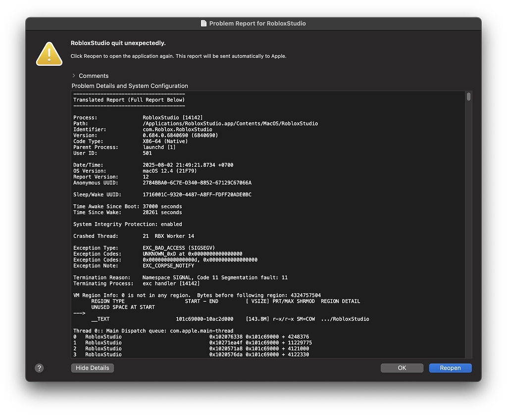 Studio crashes when open a game on macOS. - Studio Bugs - Developer ...