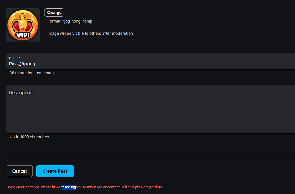 Gamepass Creation Error - Platform Usage Support - Developer Forum | Roblox