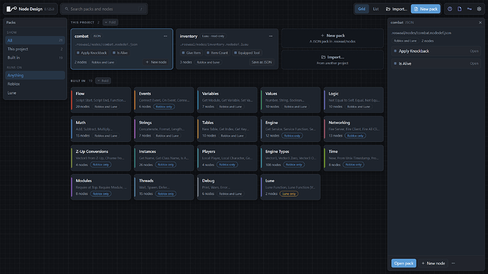 The node packs page, with a pack's nodes listed beside it