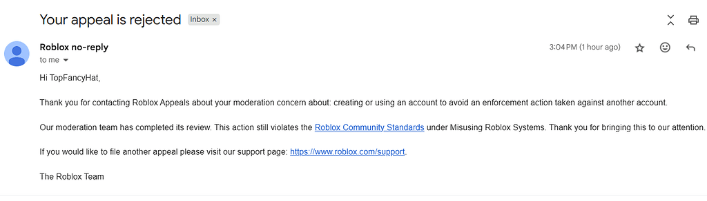 Roblox is rejection appeal for