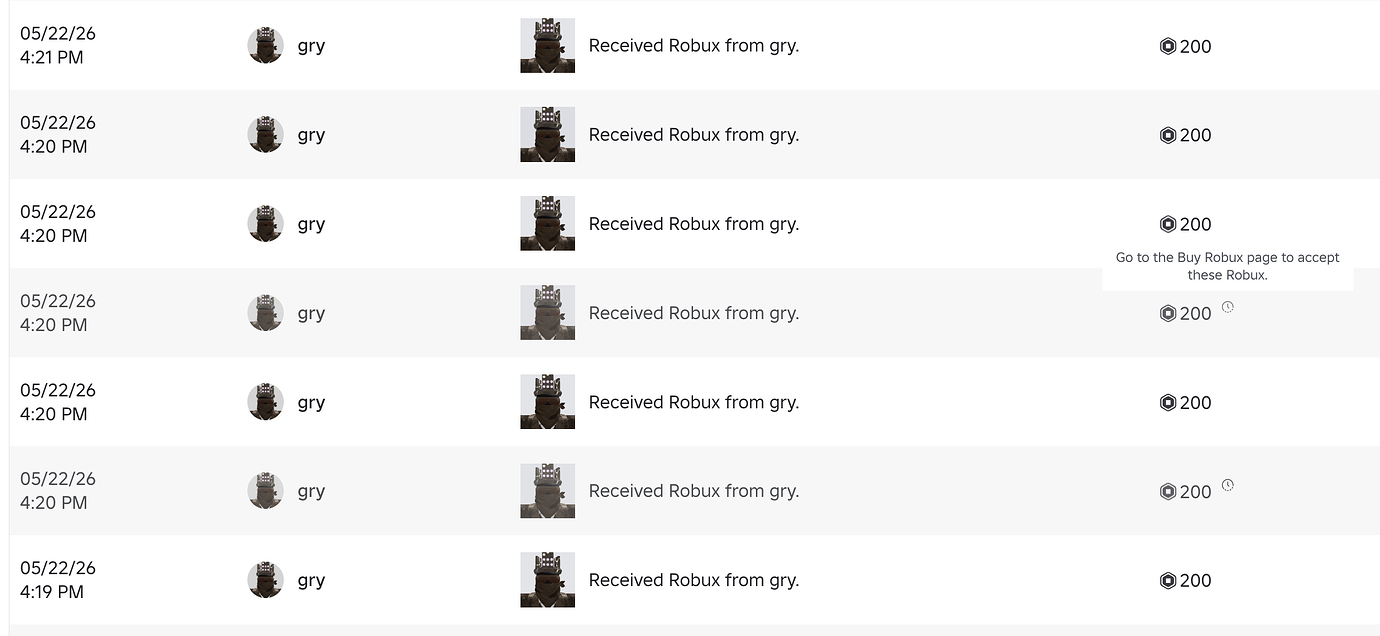 Robux transfer stuck in pending despite being received - Roblox ...