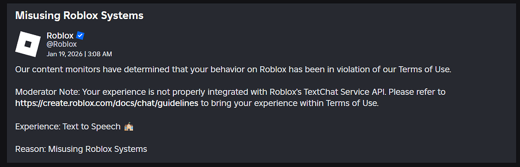False Moderation: "Misusing Roblox Systems" - Platform Usage Support ...