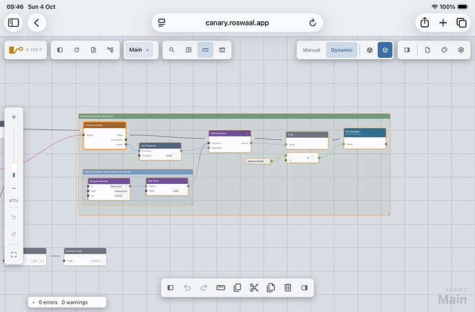 The editor on an iPad Mini in the light theme, with a group of nodes selected and the touch toolbar showing