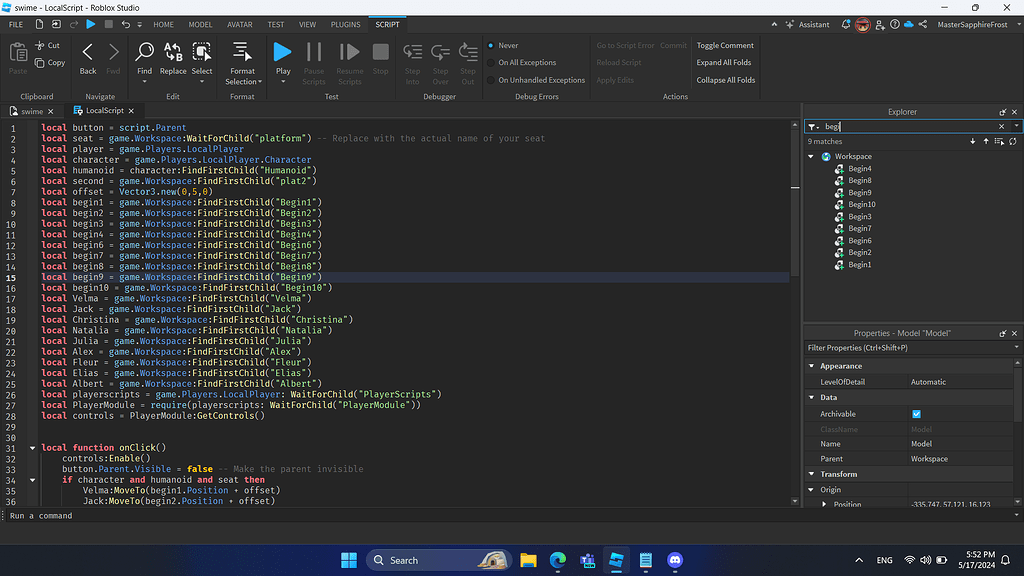 Attempt to index nil with Position - Scripting Support - Developer ...
