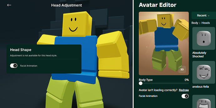 A basic avatar with the Stevie head. No head adjustment options are displayed, even though on the avatar it is adjusted to the Block shape. Seen in the app and on roblox.com