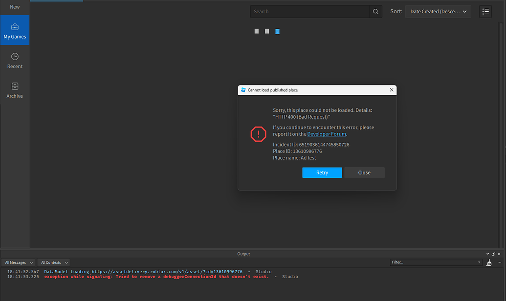 Cannot load published place - Studio Bugs - Developer Forum | Roblox