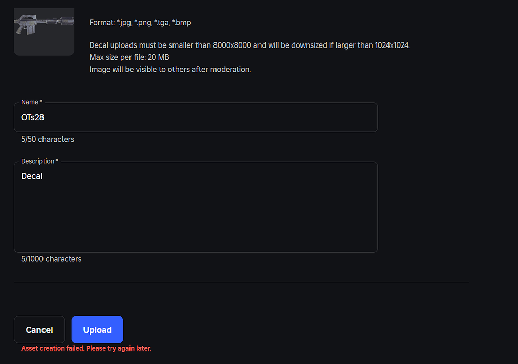 Decal uploading doesn't work - Studio Bugs - Developer Forum | Roblox
