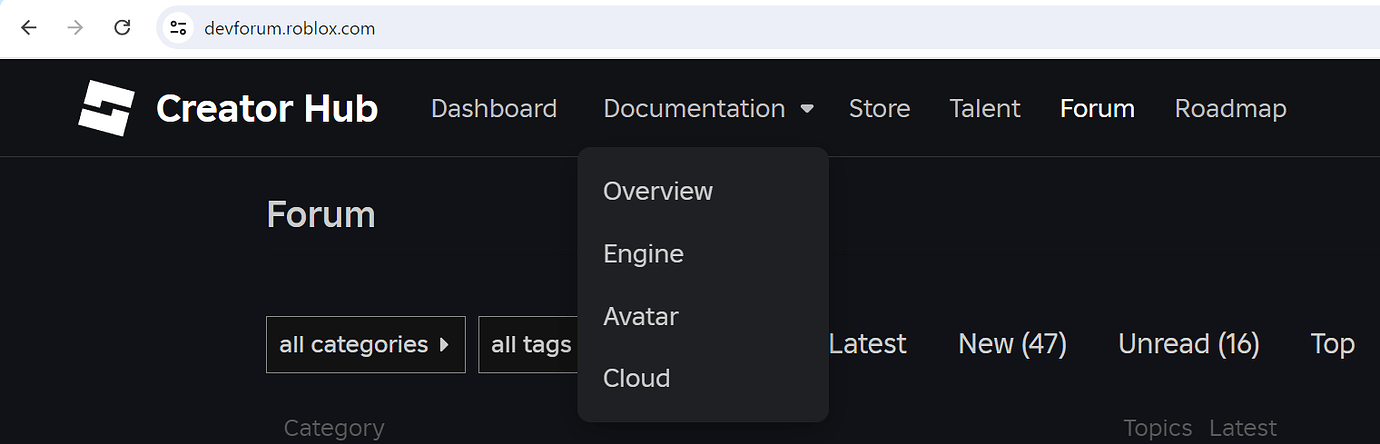 Drop-down menu for "Documentation" tab on Roblox Creator Hub is missing ...