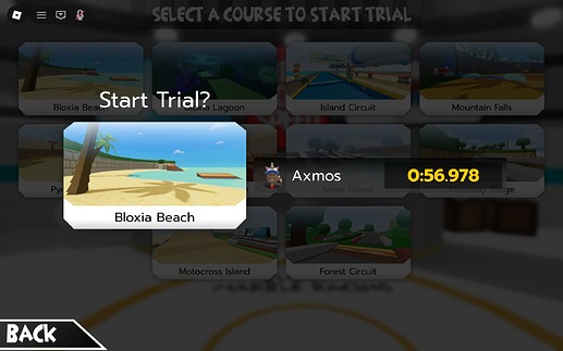 Time Trials main menu, showing Bloxia Beach and my personal record