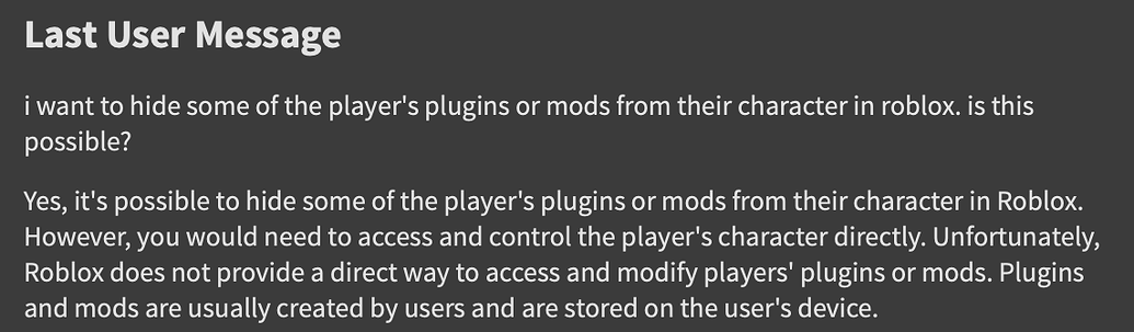 Ai assitant, 'Last user message' - Studio Bugs - Developer Forum | Roblox