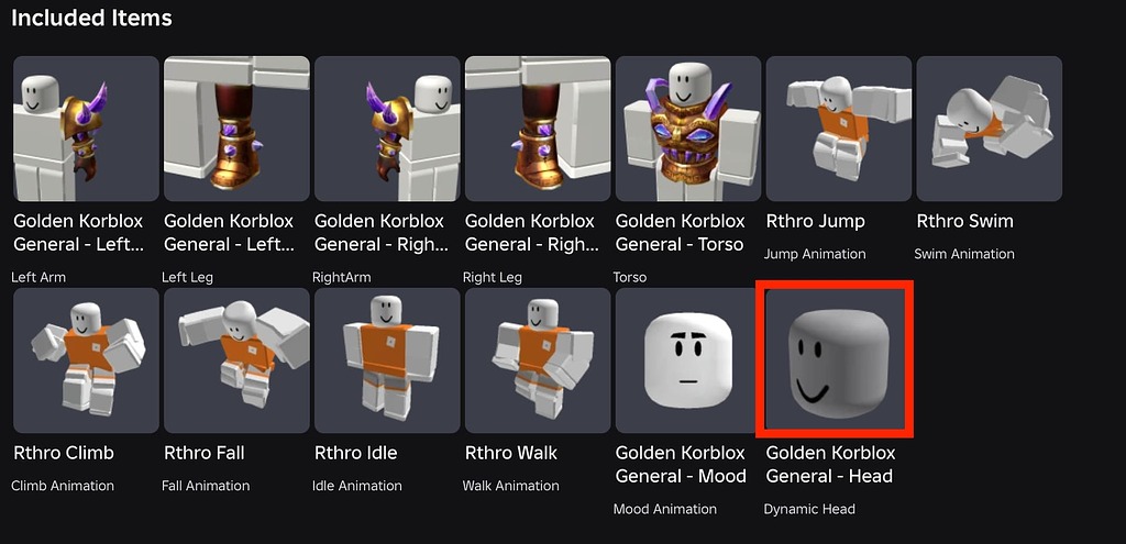 Golden Korblox General's head isn't dynamic - Catalog Asset Bugs