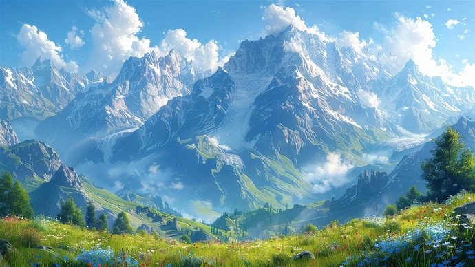 Un escaparate de bellas flores y tierra,junto con montañas muy altas