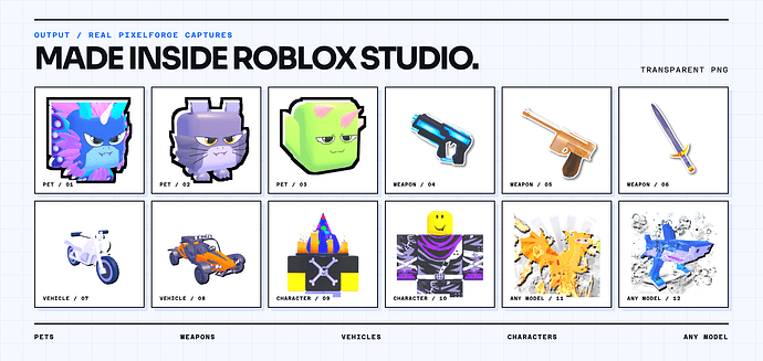Real PixelForge outputs across pets, weapons, vehicles, characters, and other models