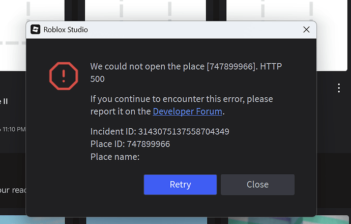 Error opening place in studio after I published it yesterday - Studio ...