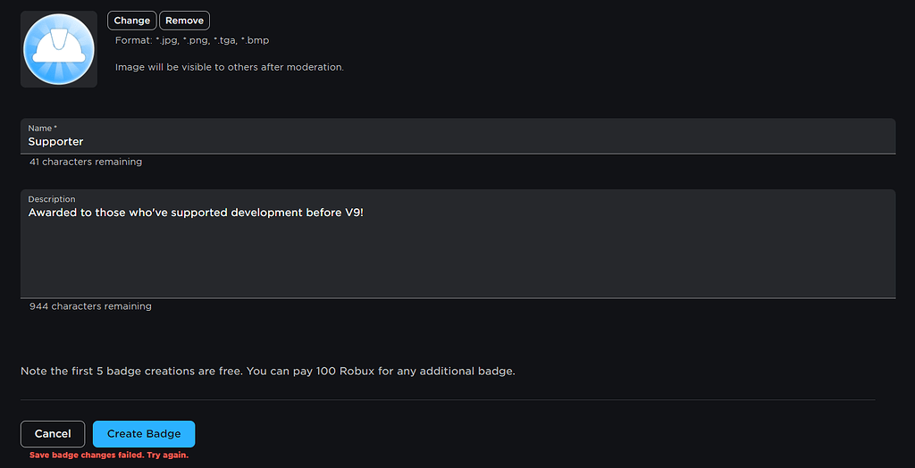 Can't create a badge - Game Design Support - Developer Forum | Roblox