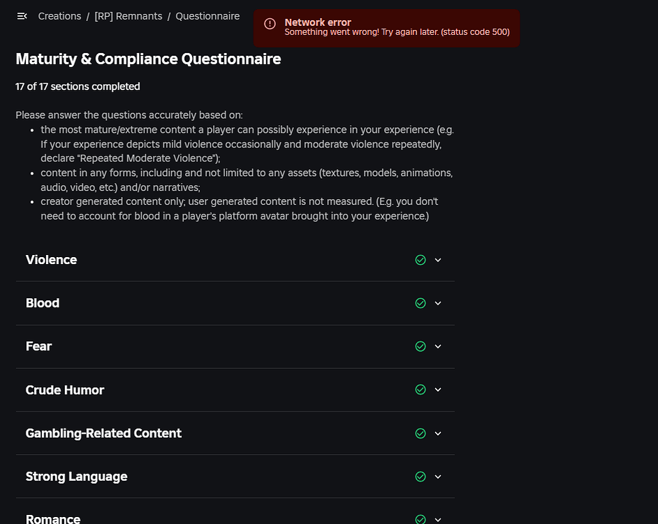 Error 500 Upon Completing Questionnaire - Studio Bugs - Developer Forum ...