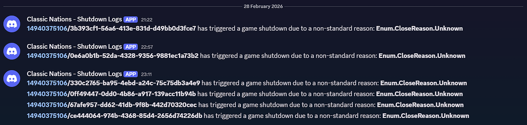 Servers are randomly shut down with error code 288 - Engine Bugs ...