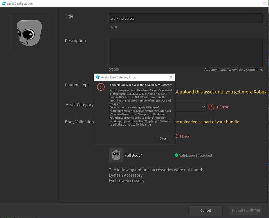 Many UV Mapping errors present when attempting to upload UGC Head - Art ...