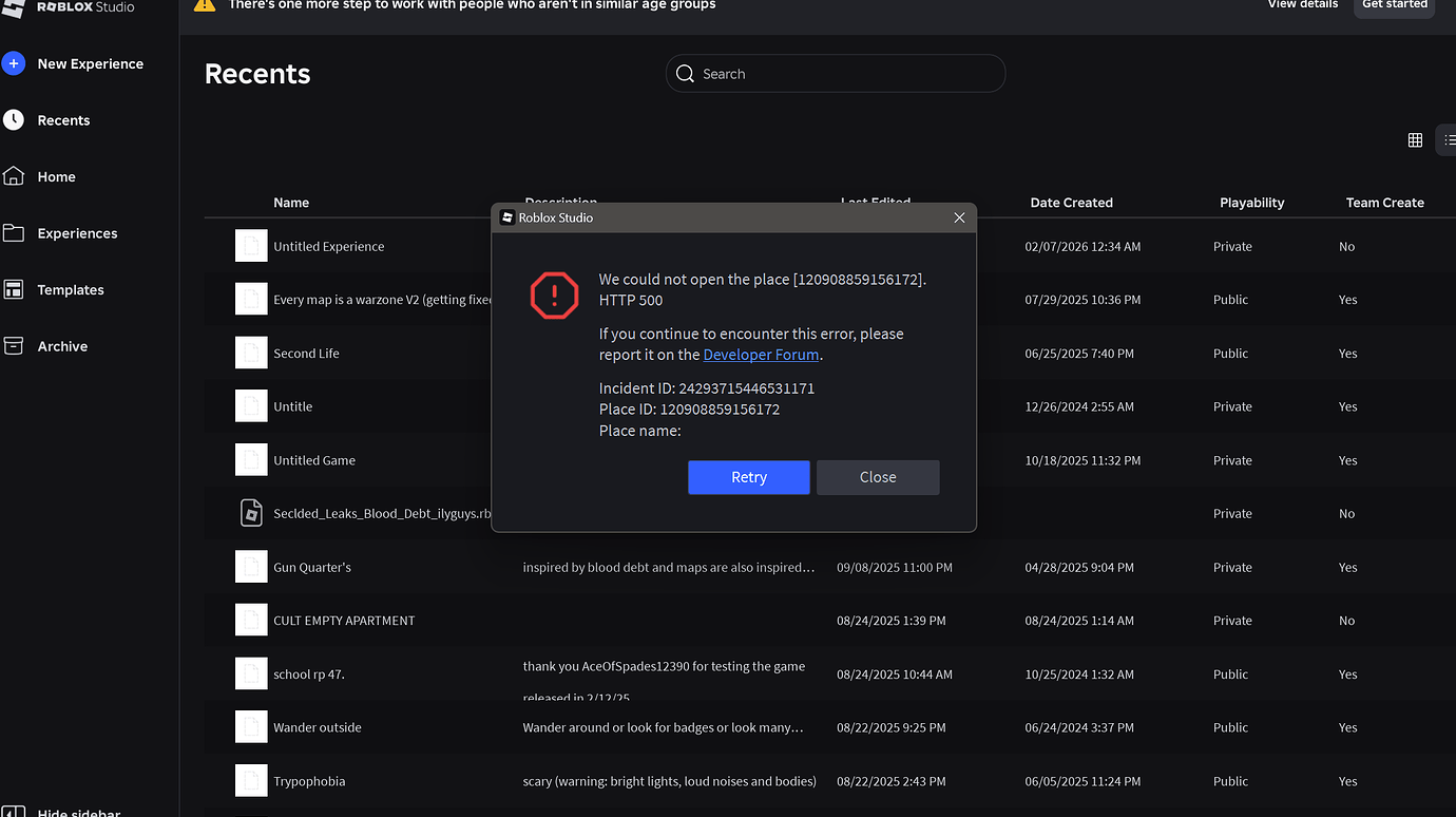 Roblox studio wont open my games and i get this error - Education ...