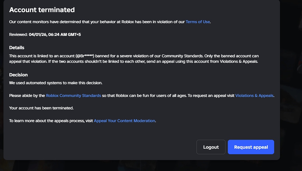 My account was terminated because "Your alt account broke the rules ...