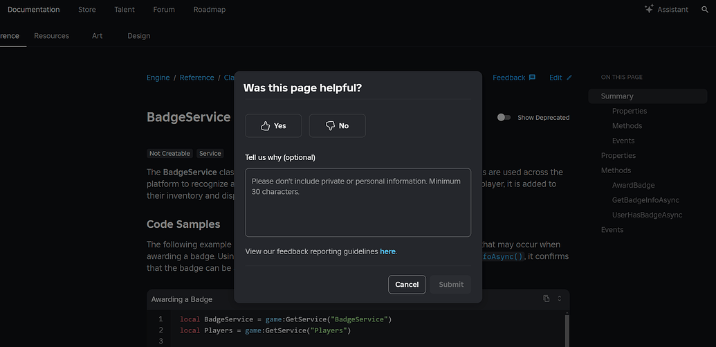Feedback Option Missing on Roblox Creator Documentation Pages - Creator ...
